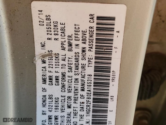2014 Honda Accord Sedan EX-L with VIN 1HGCR2F80EA165318, listed as a Copart auction lot 49415615 with 84,642 mi miles and Salvage Title. Bid and sale history available at carsss.com. Image 12.