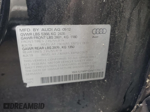 2013 Audi Q5 Premium Plus z VIN WA1LFAFP1DA012027, wystawiony jako Copart lot #58967535 z przebiegiem 178 639 mil mil oraz Czysty tytuł • Clean title. Historia ofert i sprzedaży dostępna na DreamBid. Obrazek 13.