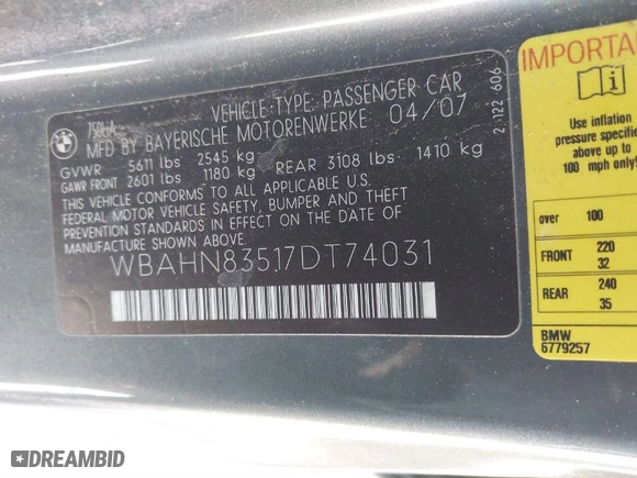 2007 BMW 7 Series 750Li with VIN WBAHN83517DT74031, listed as a IAAI auction lot 41644422 with 1 miles. Bid and sale history available at carsss.com. Image 9.