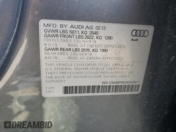 2013 Audi Q5 Premium Plus with VIN WA1DGAFP6DA065811, listed as a Copart auction lot 58220775 with 124,898 mi miles and Clean title. Bid and sale history available at DreamBid. Image 13.