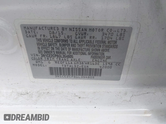 2016 Nissan Note SV with VIN 3N1CE2CP8GL354805, listed as a IAAI auction lot 42052878 with 100,534 mi miles and . Bid and sale history available at DreamBid. Image 9.