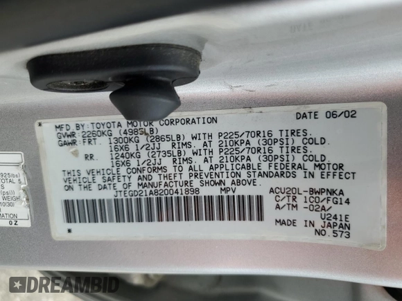 2002 Toyota Highlander with VIN JTEGD21A820041898, listed as a Copart auction lot 54595105 with 172,298 mi miles and Salvage title. Bid and sale history available at DreamBid. Image 13.