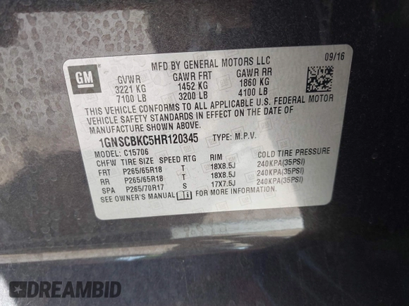 2017 Chevrolet Tahoe LT with VIN 1GNSCBKC5HR120345, listed as a IAAI auction lot 41988737 with 110,217 mi miles and . Bid and sale history available at DreamBid. Image 9.