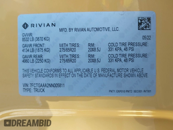 2022 Rivian R1T Adventure Package with VIN 7FCTGAAA2NN005811, listed as a IAAI auction lot 41706558 with 21,336 mi miles. Bid and sale history available at carsss.com. Image 9.