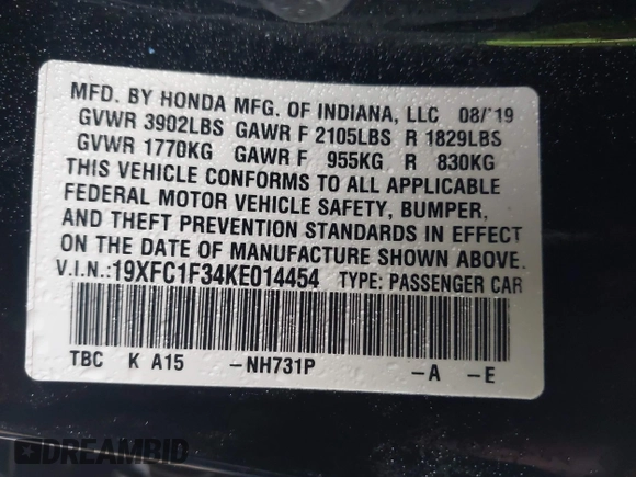 2019 Honda Civic Sedan EX with VIN 19XFC1F34KE014454, listed as a IAAI auction lot 41485090 with 70,571 mi miles. Bid and sale history available at carsss.com. Image 9.
