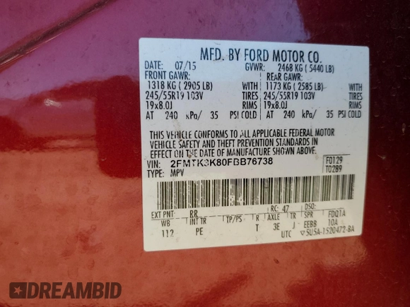 2015 Ford Edge Titanium z VIN 2FMTK3K80FBB76738, wystawiony jako Copart lot #56883875 z przebiegiem 66 197 mil mil oraz Szkoda całkowita • Salvage title. Historia ofert i sprzedaży dostępna na DreamBid. Obrazek 13.