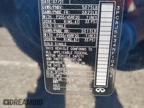 2022 Infiniti QX55 Essential with VIN 3PCAJ5K34NF104019, listed as a Copart auction lot 52546815 with 78,698 mi miles and Salvage Title. Bid and sale history available at DreamBid. Image 13.