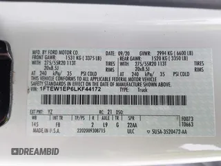 2020 Ford F-150 XL with VIN 1FTEW1EP6LKF44172, listed as a IAAI auction lot 41912854 with 101,278 mi miles and . Bid and sale history available at carsss.com. Image 9.