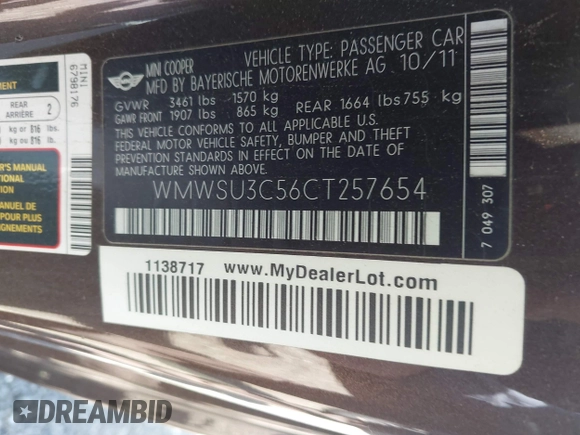2012 MINI Hardtop with VIN WMWSU3C56CT257654, listed as a IAAI auction lot 42099156 with 84,384 mi miles and . Bid and sale history available at DreamBid. Image 9.