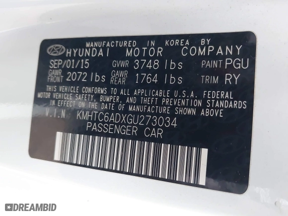 2016 Hyundai Veloster with VIN KMHTC6ADXGU273034, listed as a IAAI auction lot 40420771 with 206,694 mi miles. Bid and sale history available at carsss.com. Image 9.