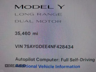 2022 Tesla Model Y Long Range with VIN 7SAYGDEE4NF428434, listed as a IAAI auction lot 41578503 with 35,460 mi miles and . Bid and sale history available at DreamBid. Image 9.