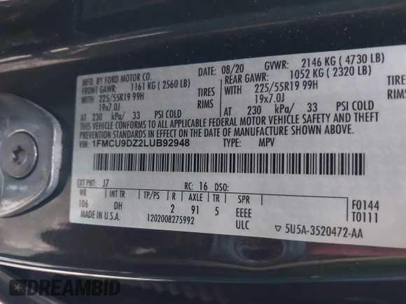 2020 Ford Escape Titanium Hybrid с VIN 1FMCU9DZ2LUB92948, выставлен на аукционе IAAI как лот 41886609 с пробегом Не указан миль и . История ставок и продаж доступна на DreamBid. Изображение 9.