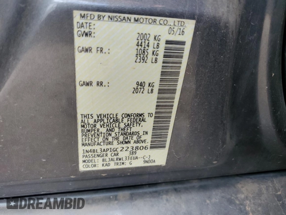 2016 Nissan Altima SL with VIN 1N4BL3AP1GC223806, listed as a Copart auction lot 53003855 with 160,032 mi miles and Clean Title. Bid and sale history available at DreamBid. Image 12.