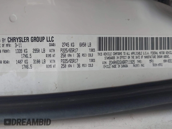 2011 Dodge Grand Caravan Crew with VIN 2D4RN5DGXBR711925, listed as a IAAI auction lot 41880154 with 156,016 mi miles and . Bid and sale history available at DreamBid. Image 9.