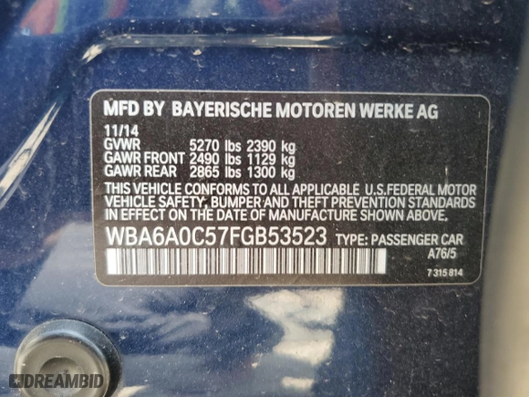 2015 BMW 6 Series 640i with VIN WBA6A0C57FGB53523, listed as a Copart auction lot 51296025 with 0 mi miles and Clean Title. Bid and sale history available at carsss.com. Image 12.