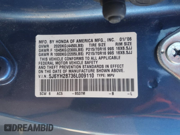 2006 Honda Element EX-P with VIN 5J6YH28736L009110, listed as a Copart auction lot 53368815 with 188,329 mi miles and Clean Title. Bid and sale history available at DreamBid. Image 12.