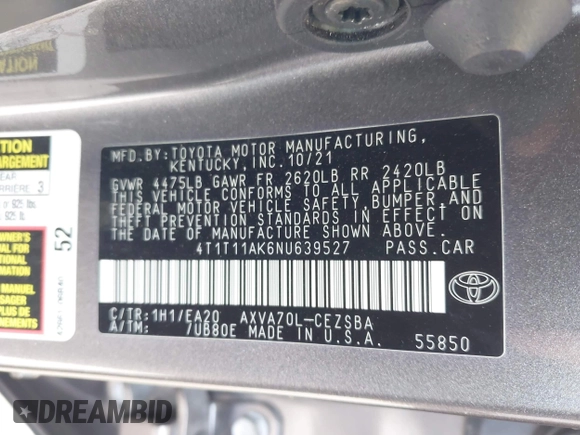 2022 Toyota Camry SE with VIN 4T1T11AK6NU639527, listed as a IAAI auction lot 42092828 with 65,420 mi miles and . Bid and sale history available at DreamBid. Image 9.