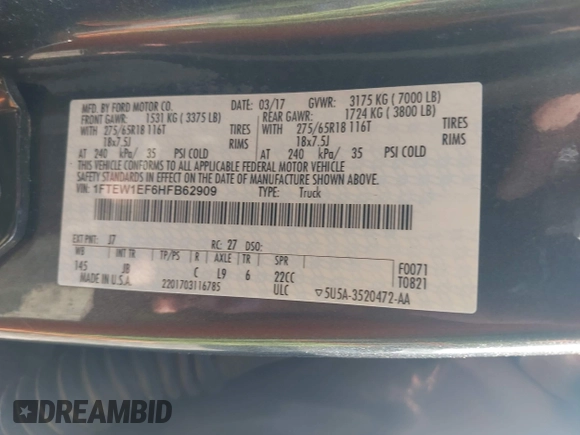 2017 Ford F-150 XL с VIN 1FTEW1EF6HFB62909, выставлен на аукционе IAAI как лот 42819020 с пробегом Не указан миль и . История ставок и продаж доступна на DreamBid. Изображение 9.