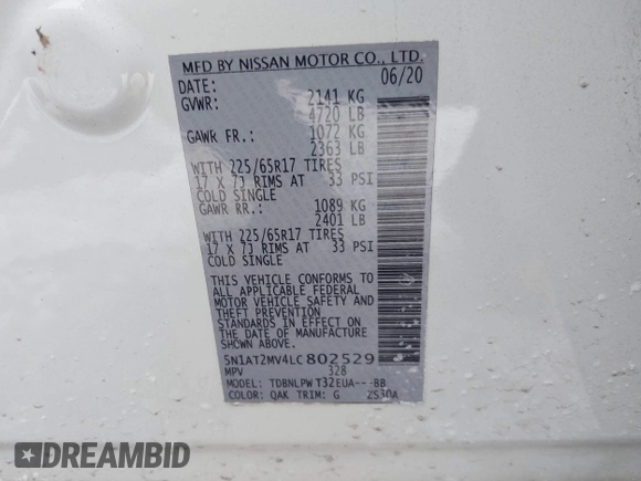 2020 Nissan Rogue SL with VIN 5N1AT2MV4LC802529, listed as a IAAI auction lot 41357217 with 110,251 mi miles and . Bid and sale history available at DreamBid. Image 9.