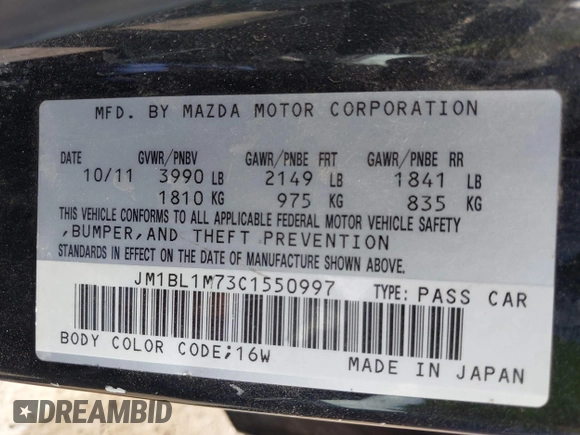 2012 Mazda 3 i Grand Touring with VIN JM1BL1M73C1550997, listed as a IAAI auction lot 40772932 with 154,694 mi miles and . Bid and sale history available at DreamBid. Image 9.