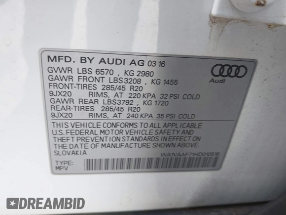 2017 Audi Q7 Prestige with VIN WA1VAAF71HD010516, listed as a IAAI auction lot 42689590 with 68,849 mi miles and . Bid and sale history available at DreamBid. Image 9.