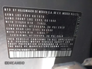 2022 Volkswagen Taos SE z VIN 3VVLX7B26NM077297, wystawiony jako IAAI lot #41846563 z przebiegiem 63 161 mil mil oraz . Historia ofert i sprzedaży dostępna na DreamBid. Obrazek 9.