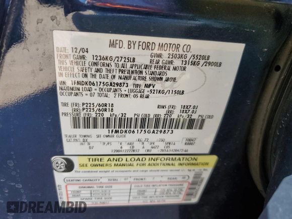 2005 Ford Freestyle Limited с VIN 1FMDK06175GA29873, выставлен на аукционе Copart как лот 48484225 с пробегом 166 341 миль миль и Списание • Salvage title. История ставок и продаж доступна на DreamBid. Изображение 13.