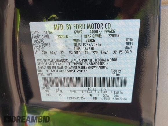 2008 Ford Escape XLS z VIN 1FMCU02Z58KE21611, wystawiony jako IAAI lot #42268488 z przebiegiem 227 198 mil mil oraz . Historia ofert i sprzedaży dostępna na DreamBid. Obrazek 9.