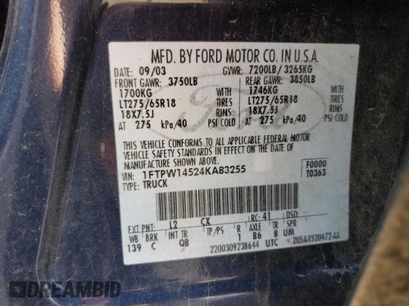 2004 Ford F-150 XLT with VIN 1FTPW14524KA83255, listed as a Copart auction lot 53126354 with 253,357 mi miles and Salvage Title. Bid and sale history available at carsss.com. Image 12.