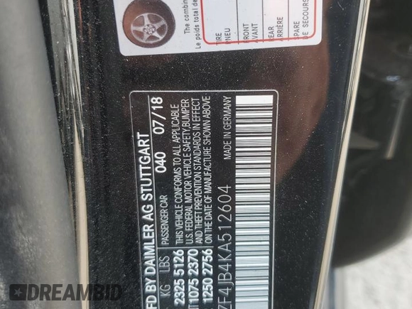 2019 Mercedes-Benz E 300 with VIN WDDZF4JB4KA512604, listed as a Copart auction lot 59443175 with Not provided miles and Clean title. Bid and sale history available at DreamBid. Image 12.
