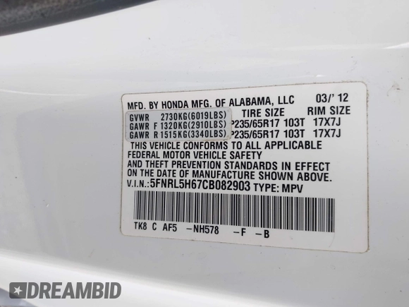 2012 Honda Odyssey EX-L with VIN 5FNRL5H67CB082903, listed as a IAAI auction lot 42015904 with 208,300 mi miles and . Bid and sale history available at carsss.com. Image 9.