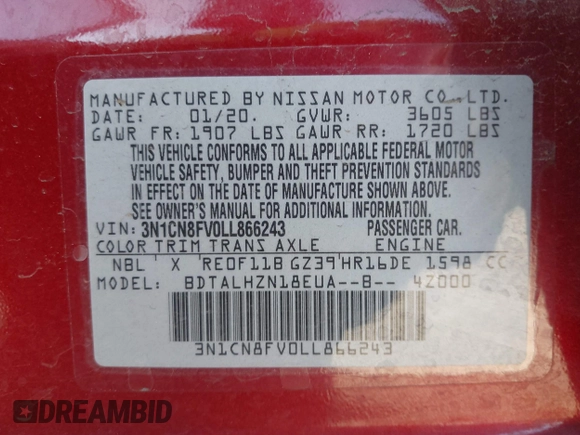 2020 Nissan Versa SR with VIN 3N1CN8FV0LL866243, listed as a IAAI auction lot 41132898 with 80,671 mi miles. Bid and sale history available at carsss.com. Image 9.
