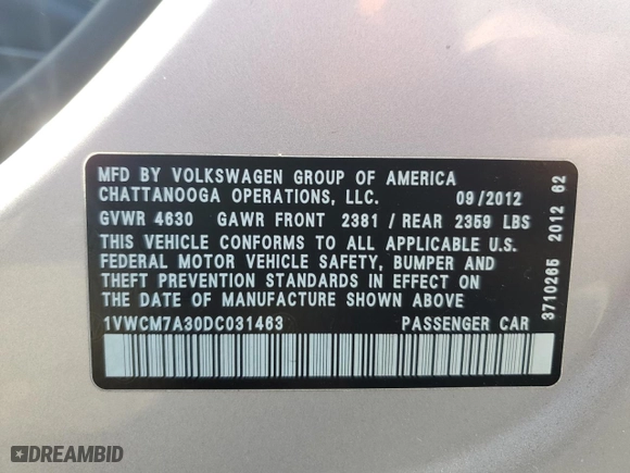2013 Volkswagen Passat SEL Premium with VIN 1VWCM7A30DC031463, listed as a Copart auction lot 79072744 with 80,251 mi miles and Salvage Title. Bid and sale history available at carsss.com. Image 12.