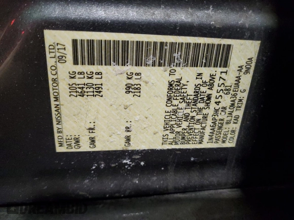 2017 Nissan Maxima SV with VIN 1N4AA6AP3HC455571, listed as a Copart auction lot 44523585 with 103,771 mi miles and Salvage Title. Bid and sale history available at DreamBid. Image 12.