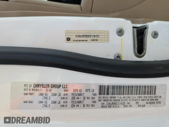 2015 Jeep Patriot High Altitude with VIN 1C4NJRFB5FD114125, listed as a Copart auction lot 62475615 with 104,438 mi miles and Salvage title. Bid and sale history available at DreamBid. Image 13.