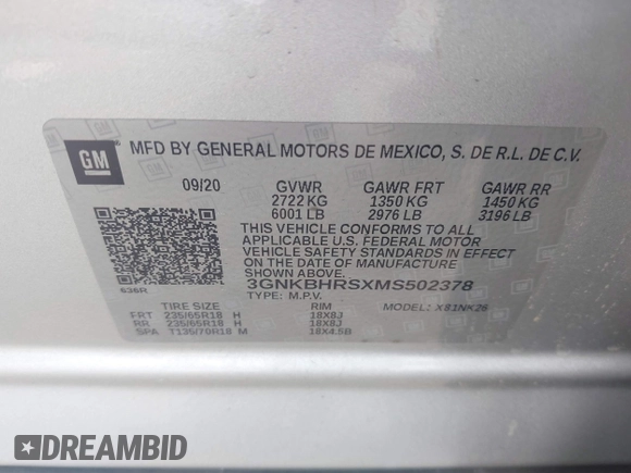 2021 Chevrolet Blazer LT with VIN 3GNKBHRSXMS502378, listed as a IAAI auction lot 41933693 with 108,814 mi miles and . Bid and sale history available at DreamBid. Image 9.