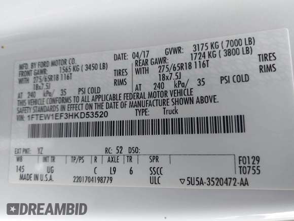 2017 Ford F-150 XL with VIN 1FTEW1EF3HKD53520, listed as a IAAI auction lot 42594568 with 195,935 mi miles and . Bid and sale history available at DreamBid. Image 9.