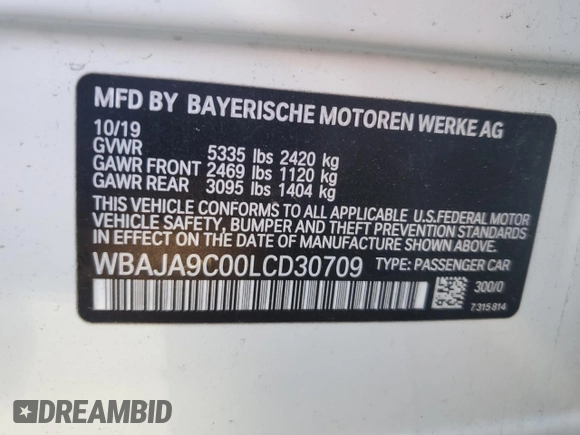 2020 BMW 5 Series 530e with VIN WBAJA9C00LCD30709, listed as a Copart auction lot 86218294 with 154,841 mi miles and Salvage title. Bid and sale history available at DreamBid. Image 12.