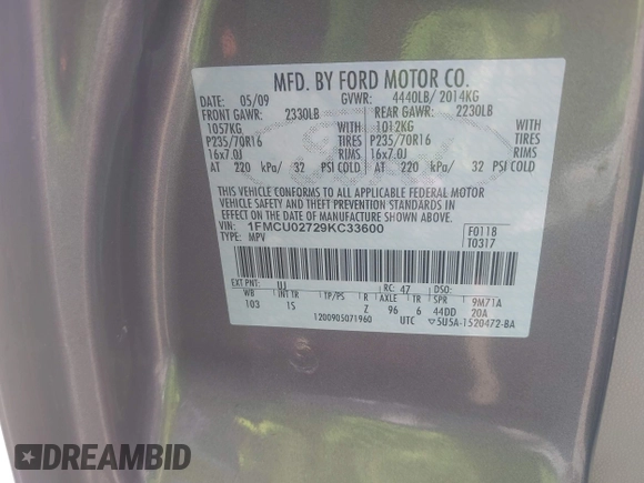 2009 Ford Escape XLS z VIN 1FMCU02729KC33600, wystawiony jako IAAI lot #42469557 z przebiegiem 185 605 mil mil oraz . Historia ofert i sprzedaży dostępna na DreamBid. Obrazek 9.