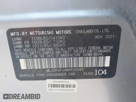 2022 Mitsubishi Mirage ES z VIN ML32FUFJXNHF02043, wystawiony jako IAAI lot #41898586 z przebiegiem 52 047 mil mil oraz . Historia ofert i sprzedaży dostępna na DreamBid. Obrazek 9.