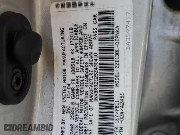 2005 Toyota Corolla CE with VIN 1NXBR32E25Z430410, listed as a Copart auction lot 55486515 with 212,319 mi miles and Clean Title. Bid and sale history available at DreamBid. Image 12.