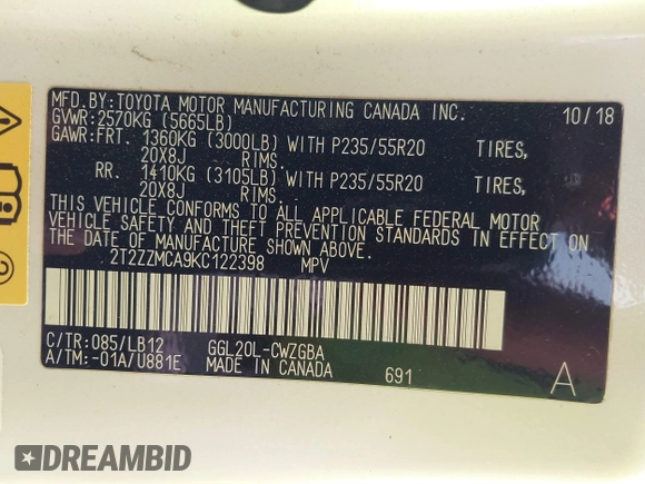 2019 Lexus RX with VIN 2T2ZZMCA9KC122398, listed as a IAAI auction lot 41565276 with 53,858 mi miles. Bid and sale history available at carsss.com. Image 9.