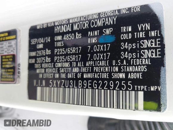 2014 Hyundai Santa Fe with VIN 5XYZU3LB9EG229255, listed as a IAAI auction lot 42407410 with 201,523 mi miles and . Bid and sale history available at DreamBid. Image 9.