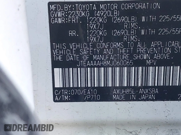 2021 Toyota Venza LE with VIN JTEAAAAH8MJ060065, listed as a IAAI auction lot 42099481 with 64,116 mi miles and . Bid and sale history available at DreamBid. Image 9.