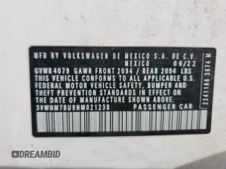 2022 Volkswagen Jetta z VIN 3VWNM7BU9NM021238, wystawiony jako Copart lot #58724755 z przebiegiem 35 889 mil mil oraz Czysty tytuł • Clean title. Historia ofert i sprzedaży dostępna na DreamBid. Obrazek 12.