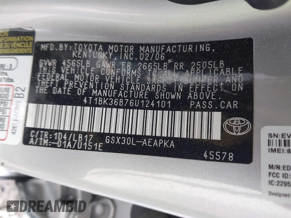 2006 Toyota Avalon XL with VIN 4T1BK36B76U124101, listed as a IAAI auction lot 41859964 with 135,255 mi miles. Bid and sale history available at carsss.com. Image 9.