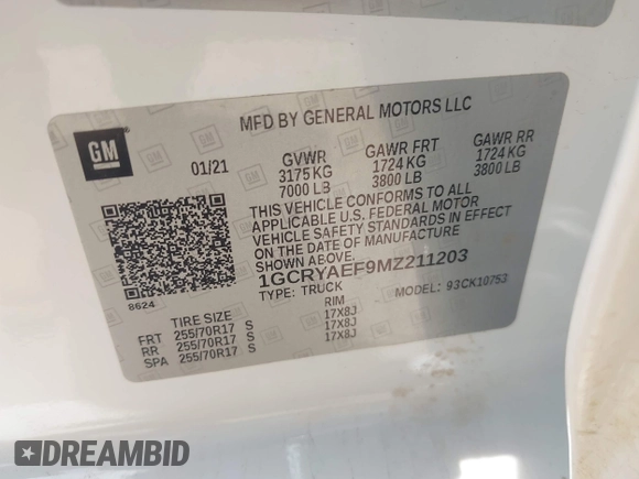 2021 Chevrolet Silverado 1500 Work Truck with VIN 1GCRYAEF9MZ211203, listed as a IAAI auction lot 42223212 with 81,454 mi miles and . Bid and sale history available at DreamBid. Image 9.