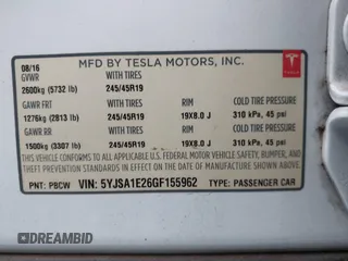 2016 Tesla Model S 90D with VIN 5YJSA1E26GF155962, listed as a IAAI auction lot 41348998 with 134,269 mi miles and . Bid and sale history available at DreamBid. Image 9.