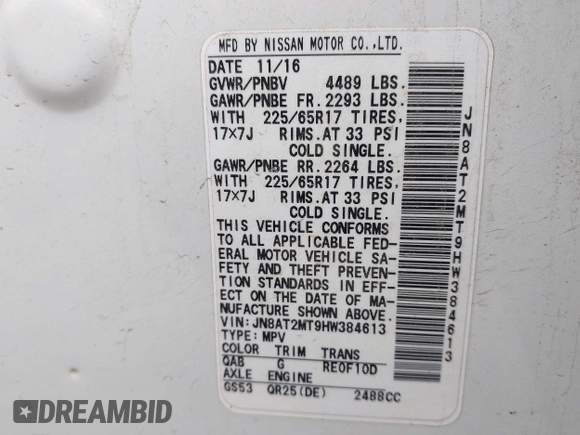 2017 Nissan Rogue SL with VIN JN8AT2MT9HW384613, listed as a IAAI auction lot 42452968 with 231,304 mi miles and . Bid and sale history available at DreamBid. Image 9.
