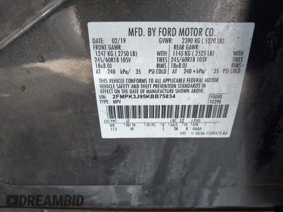 2019 Ford Edge SEL with VIN 2FMPK3J95KBB75834, listed as a IAAI auction lot 41884019 with 82,298 mi miles. Bid and sale history available at carsss.com. Image 9.